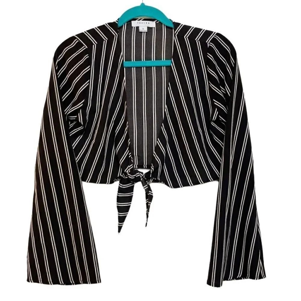 FAVLUX Striped Tie Long Sleeve Crop Top Black and White Size Small
